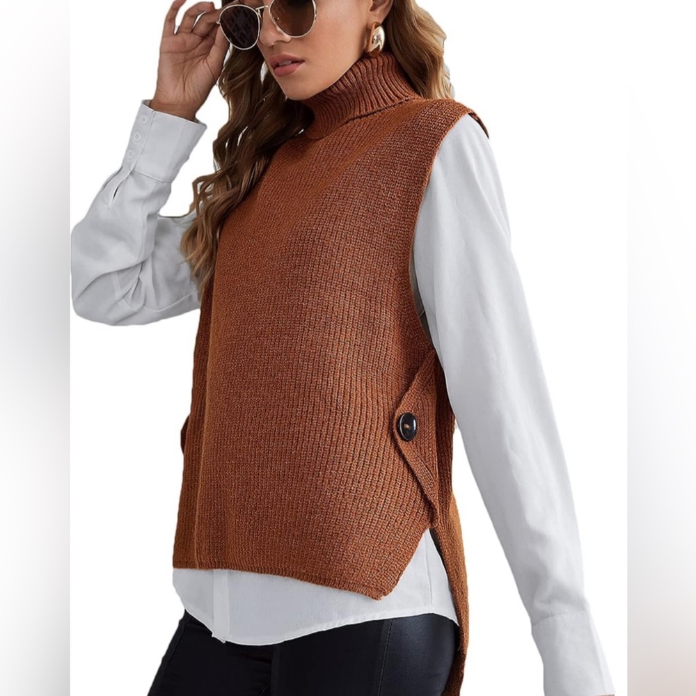 Mock Turtleneck Sleeveless High Low Knit Sweater Vest